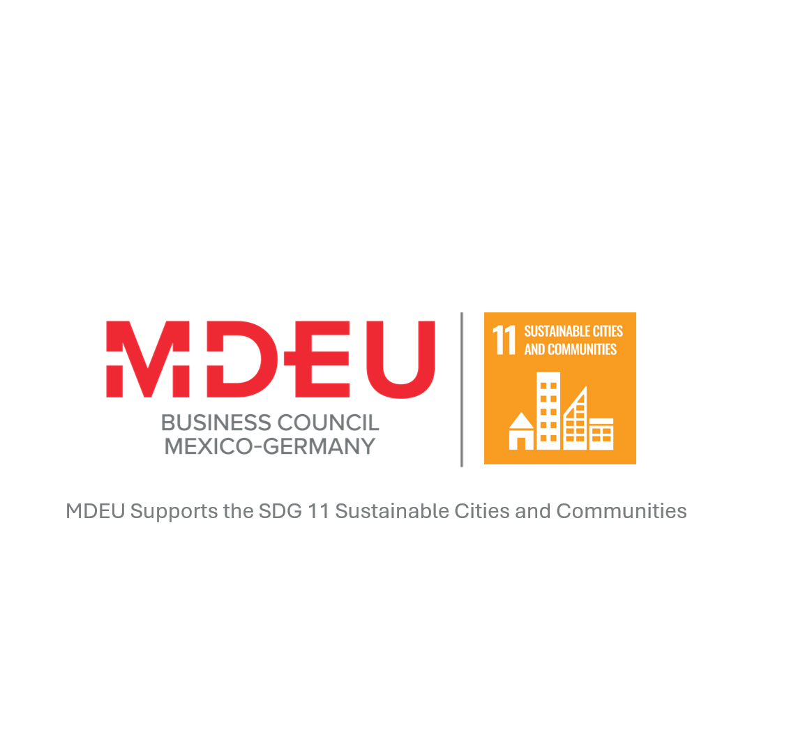 MDEU Business Council Mexico-Germany logo in red and gray next to the UN Sustainable Development Goal 11 (Sustainable Cities and Communities) icon in orange and white, with the text 'MDEU Supports the SDG 11 Sustainable Cities and Communities' below on a white background.